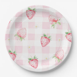 Pink Strawberries Gingham Berry First 1st Birthday ペーパープレート