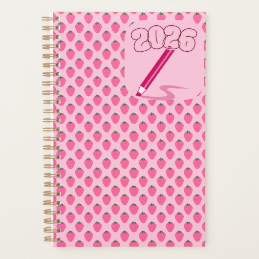 Pink Strawberries Planner, Cute Fruit Aesthetic プランナー手帳 (正面)