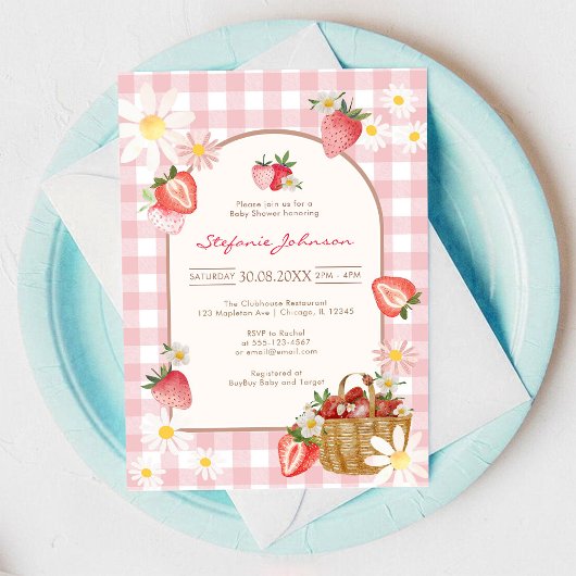 Pink Strawberry Baby Shower Invitation 招待状