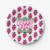 Pink Strawberry Berry First Birthday  ペーパープレート (正面)