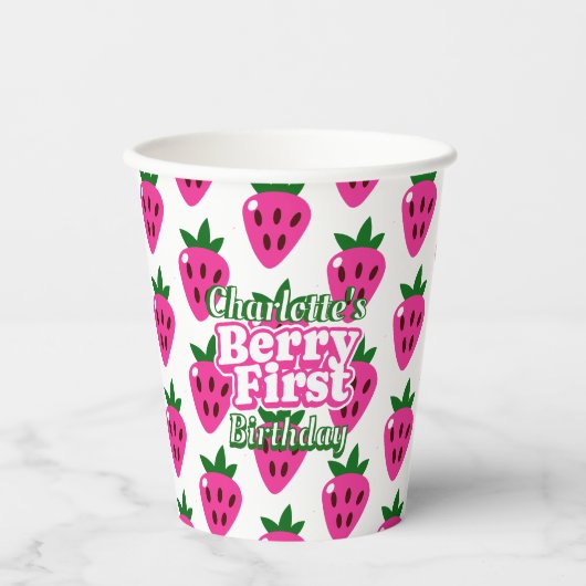 Pink Strawberry Berry First Birthday  紙コップ (正面)