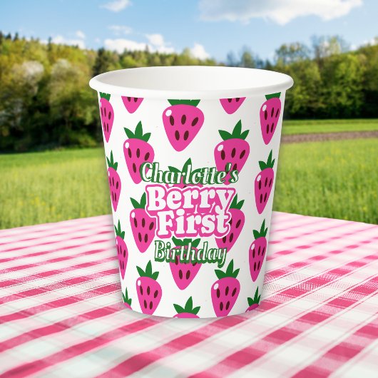 Pink Strawberry Berry First Birthday  紙コップ