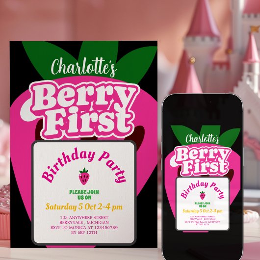 Pink Strawberry Berry First Birthday 1st Birthday  招待状