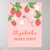 Pink Strawberry Berry First Birthday Welcome ポスター (正面)