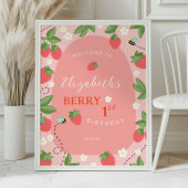 Pink Strawberry Berry First Birthday Welcome ポスター