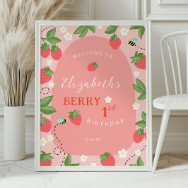 Pink Strawberry Berry First Birthday Welcome ポスター