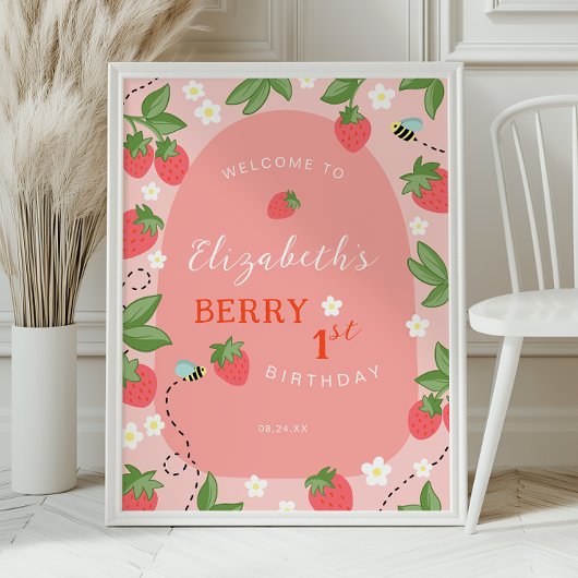 Pink Strawberry Berry First Birthday Welcome ポスター