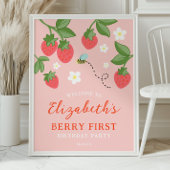 Pink Strawberry Berry First Birthday Welcome ポスター