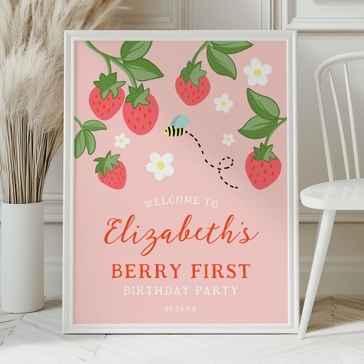 Pink Strawberry Berry First Birthday Welcome ポスター