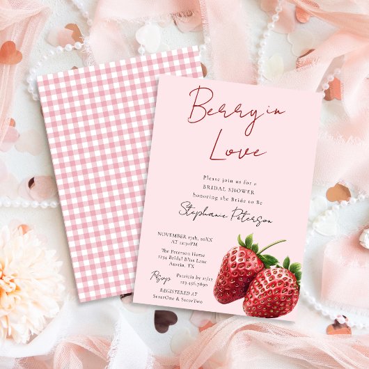 Pink Strawberry Berry In Love Bridal Shower 招待状