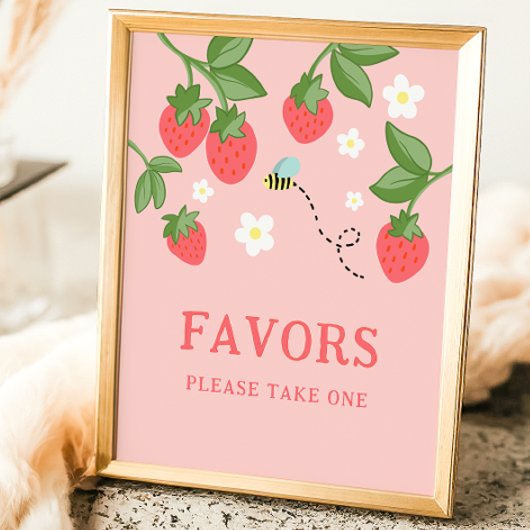 Pink Strawberry Berry Sweet Birthday Party Sign ポスター