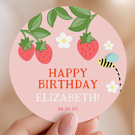 Pink Strawberry Birthday Party Favor Thank you ラウンドシール