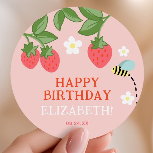 Pink Strawberry Birthday Party Favor Thank you ラウンドシール