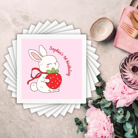 Pink Strawberry Bunny Birthday スタンダードカクテルナプキン