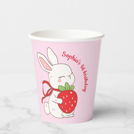 Pink Strawberry Bunny Birthday 紙コップ (正面)
