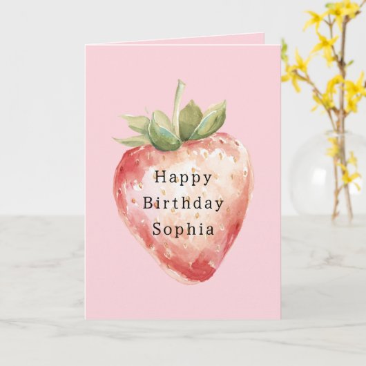 Pink Strawberry Fruit Birthday カード (黄色い花)