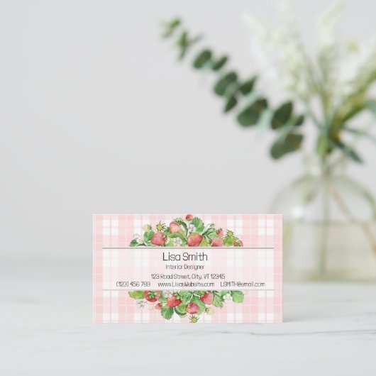 Pink Strawberry Gingham Business Card 名刺 (スタンド正面)