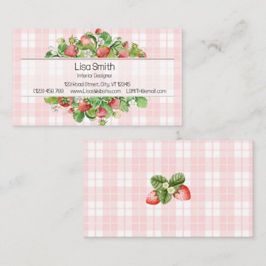 Pink Strawberry Gingham Business Card  名刺 (正面/裏面)