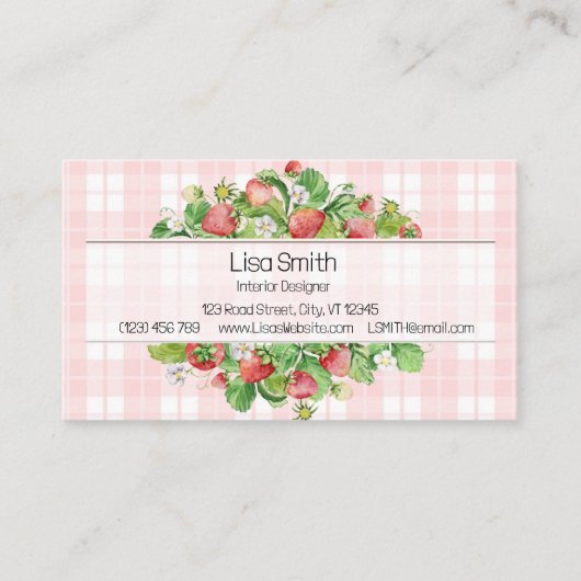Pink Strawberry Gingham Business Card  名刺 (正面)