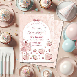 Pink Strawberry Hearts Fairy Girl Birthday Invitat 招待状