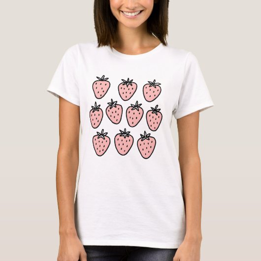 Pink Strawberry Pattern – Cute Hand-Drawn Fruit Do Tシャツ (正面)