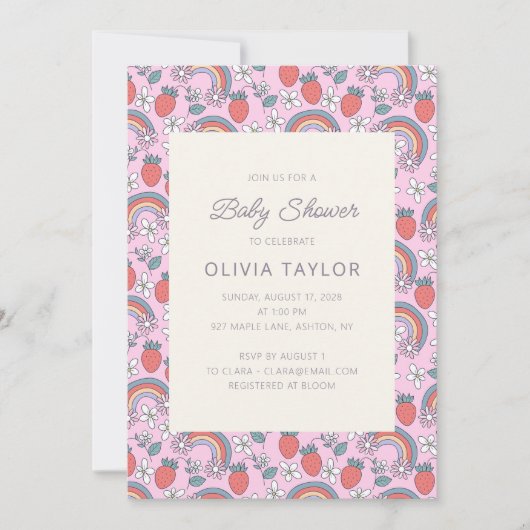 Pink Strawberry Rainbow Retro Baby Shower 招待状 (正面)