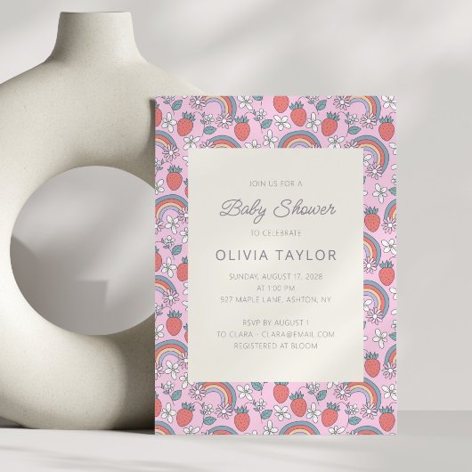 Pink Strawberry Rainbow Retro Baby Shower 招待状