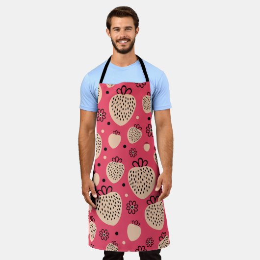 pink strawberry seamless pattern エプロン (着用した状態)