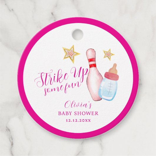 Pink Strike Up Some Fun Bowling Sport Baby Shower フェイバータグ (正面)