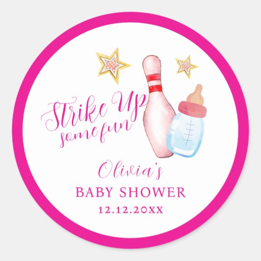 Pink Strike Up Some Fun Bowling Sport Baby Shower ラウンドシール (正面)