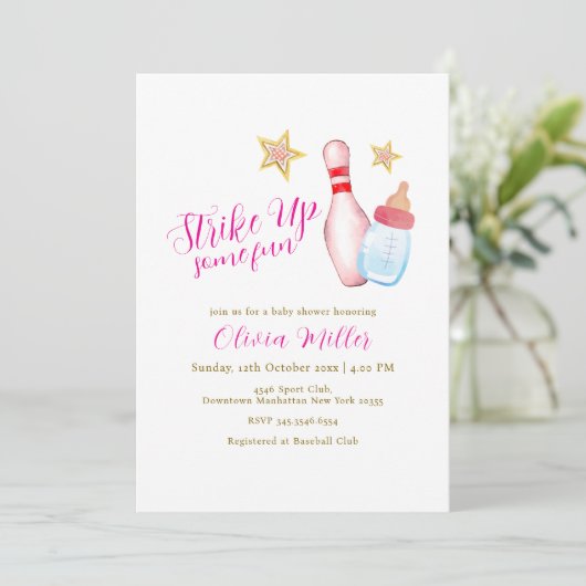 Pink Strike Up Some Fun Bowling Sport Baby Shower  招待状 (スタンド正面)