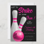 Pink Strike Up Some fun girl bowling birthday 招待状 (正面)