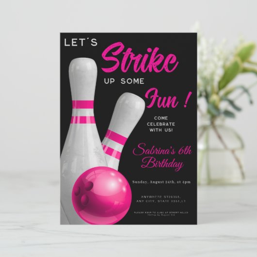 Pink Strike Up Some fun girl bowling birthday 招待状 (スタンド正面)