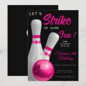 Pink Strike Up Some fun girl bowling birthday 招待状 (正面/裏面)