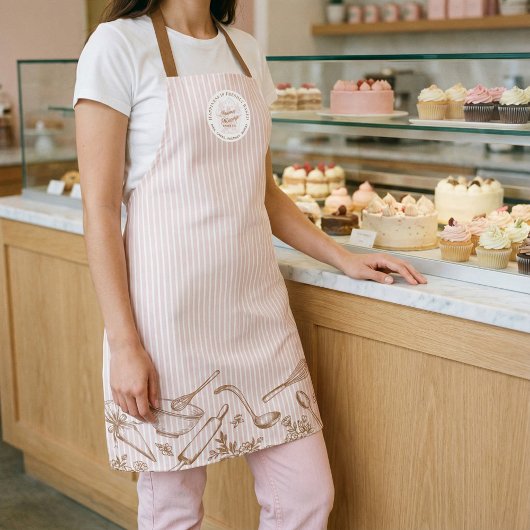 Pink Stripe Bakery Logo Hand Drawn Baking Utensils エプロン