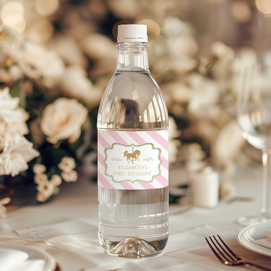 Pink Stripe Carousel Themed Water Bottle Labels ペットボトルラベル
