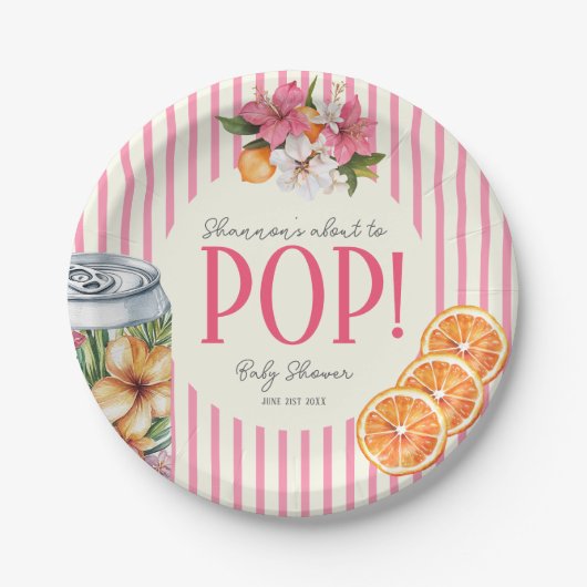 Pink Stripe Citrus POP Baby Shower Plates ペーパープレート (正面)
