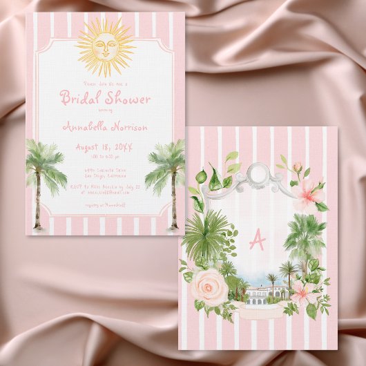 Pink Stripe Coastal Sun Palm Bridal Shower 招待状