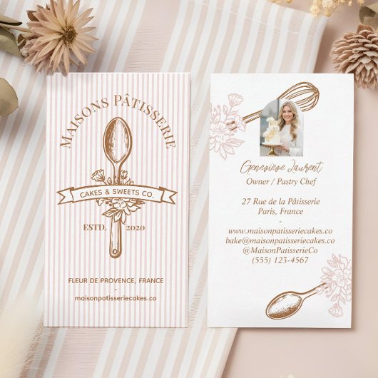 Pink Stripe Floral Spoon Pastry Cakes Bakery Chef 名刺