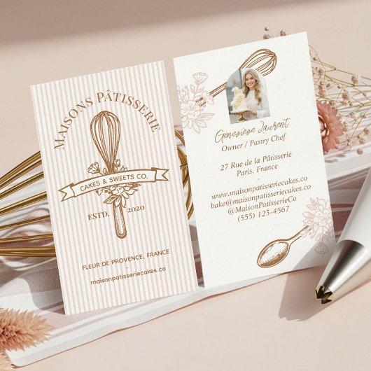 Pink Stripe Floral Whisk Pastry Cakes Bakery Chef 名刺