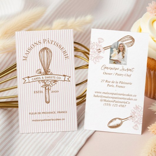 Pink Stripe Floral Whisk Pastry Cakes Bakery Chef 名刺