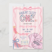  Pink Stripe Haven't slept one bit 1st birthday 招待状 (正面)