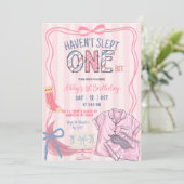  Pink Stripe Haven't slept one bit 1st birthday 招待状 (スタンド正面)