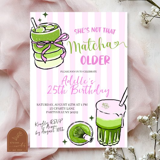 Pink Stripe Modern Matcha Birthday Invitation 招待状