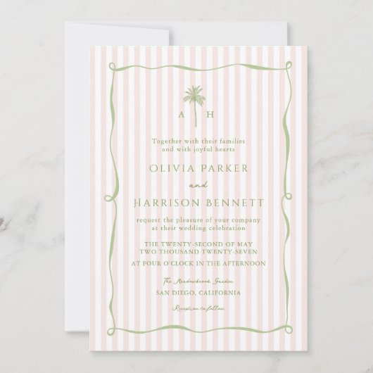 Pink Stripe Palm Tree Tropical Wedding Invitation 招待状 (正面)