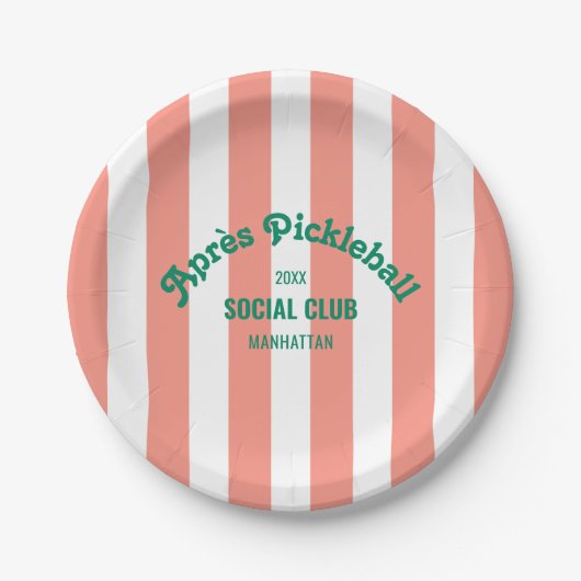  Pink Stripe Retro Après Pickleball Social Club ペーパープレート (正面)