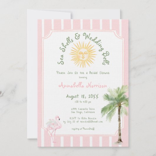 Pink Stripe Shells & Wedding Bells Bridal Shower 招待状 (正面)