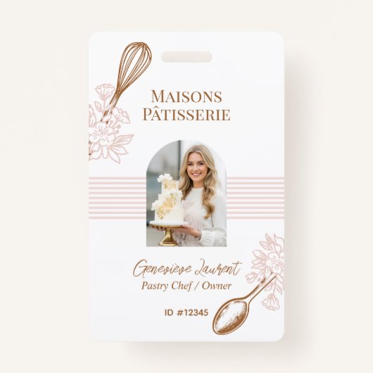 Pink Stripe Whisk Spoon Bakery Business Employee バッジ (正面)