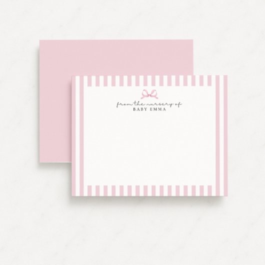  Pink Striped and Bow Baby Girl Nursery note card  招待状