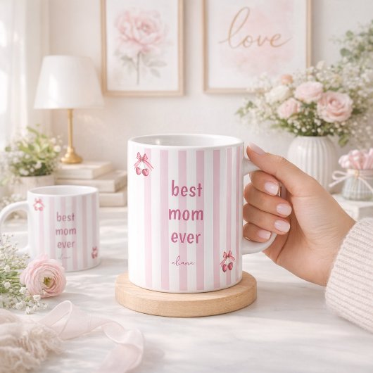  Pink Striped Best Mom Ever Mug Cute Cherry Mug コーヒーマグカップ